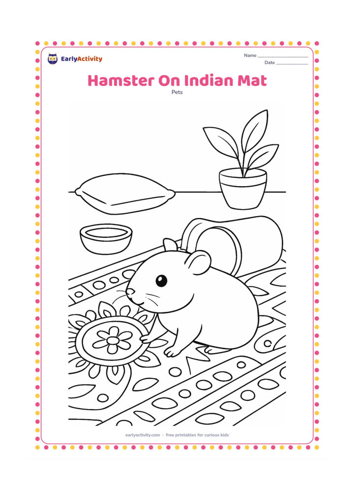 Colouring page: A hamster explores a clean indoor play area on a patterned Indian floor mat, passing a tunnel and a small bowl. Include a low cushion and a simple potted plant in the background.