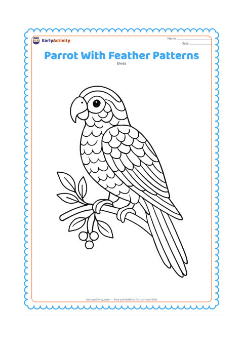 Colouring page: Draw a single parrot in side view with carefully separated wing, chest, tail, and head feathers, including repeated curved patterns inside the feathers. Place it on a branch with small…