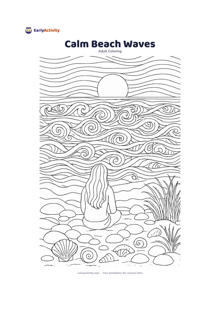 Colouring page: A quiet seaside scene with layered curling waves, a seated person facing the water, smooth stones, shells, dune grass and a low sun near the horizon. Include repeating wave lines that…
