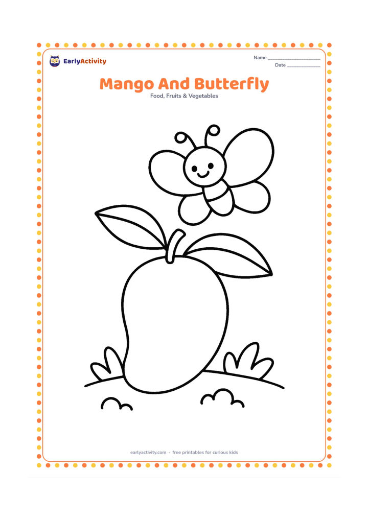 Colouring page: Show a whole mango under two leaves while a friendly butterfly hovers above it in a simple garden patch.