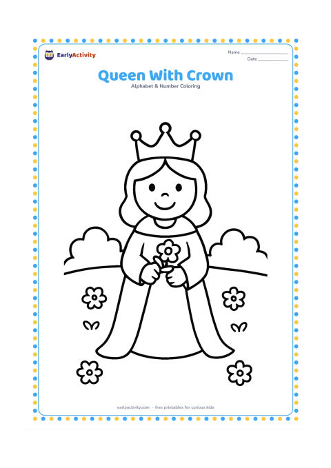 Colouring page: A smiling storybook queen stands wearing a plain crown and a long robe, holding a small flower bouquet. Place her in a simple palace garden with two bushes and a few flowers.