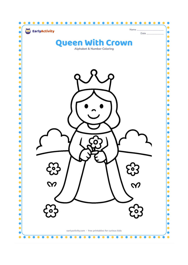 Colouring page: A smiling storybook queen stands wearing a plain crown and a long robe, holding a small flower bouquet. Place her in a simple palace garden with two bushes and a few flowers.