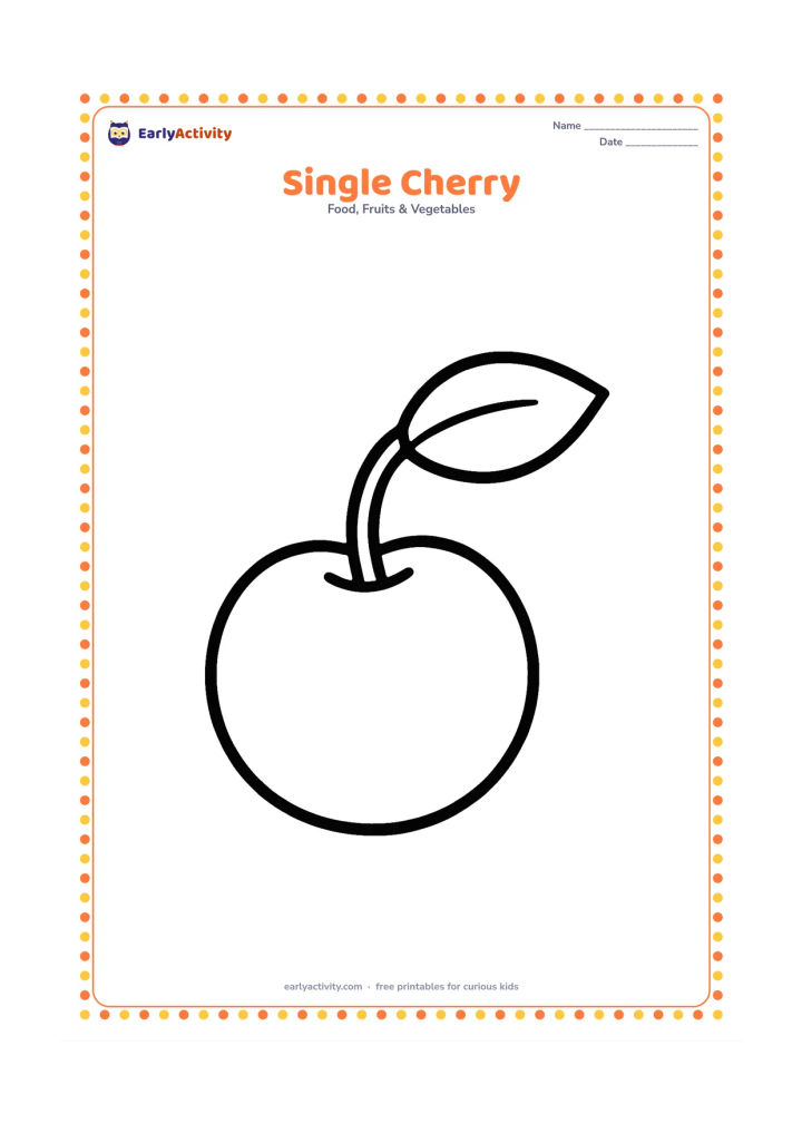 Colouring page: Draw one large round cherry with a curved stem and one broad leaf, centered on the page with plenty of open space around it.