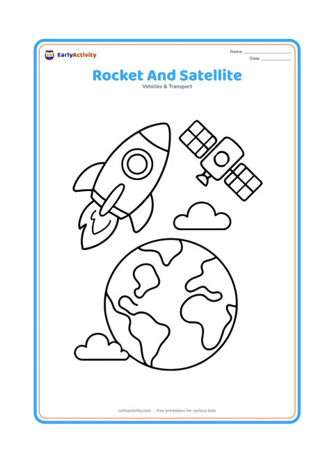 Colouring page: Draw a rocket flying past a small satellite with two broad solar panels, a large round Earth below and a few open clouds near Earth.