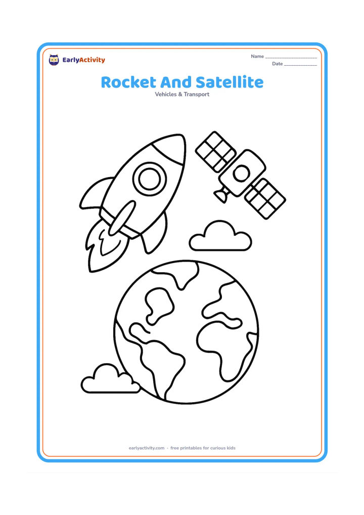 Colouring page: Draw a rocket flying past a small satellite with two broad solar panels, a large round Earth below and a few open clouds near Earth.