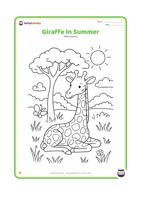 Colouring page: A giraffe rests beneath a leafy acacia tree on a bright summer day. Add tall grass, small wildflowers, a butterfly, a large sun and distant savanna bushes.