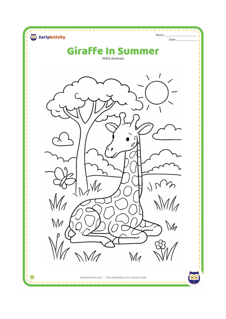 Colouring page: A giraffe rests beneath a leafy acacia tree on a bright summer day. Add tall grass, small wildflowers, a butterfly, a large sun and distant savanna bushes.
