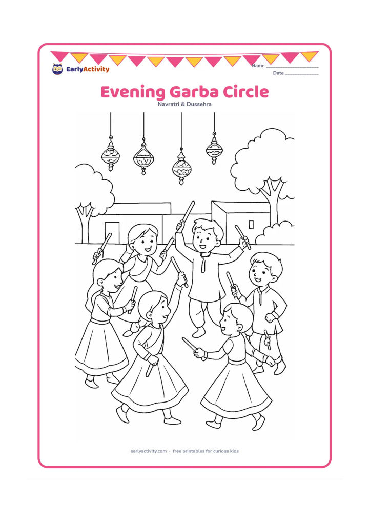 Colouring page: Draw six children dancing in a loose garba circle in an open community courtyard, with dandiya sticks, hanging lamps, and a few trees behind them. Show varied poses and festive…