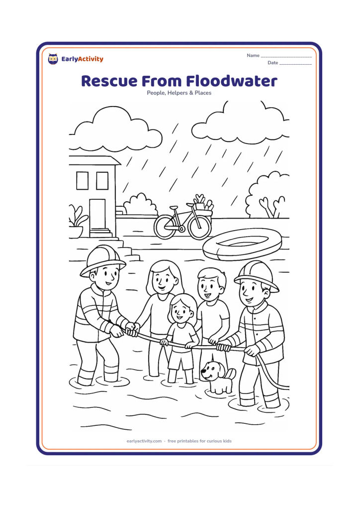 Colouring page: Draw two firefighters helping a family and a small dog cross shallow floodwater using a safe rope line and a rescue boat nearby. Include an Indian neighbourhood with steps, a bicycle,…