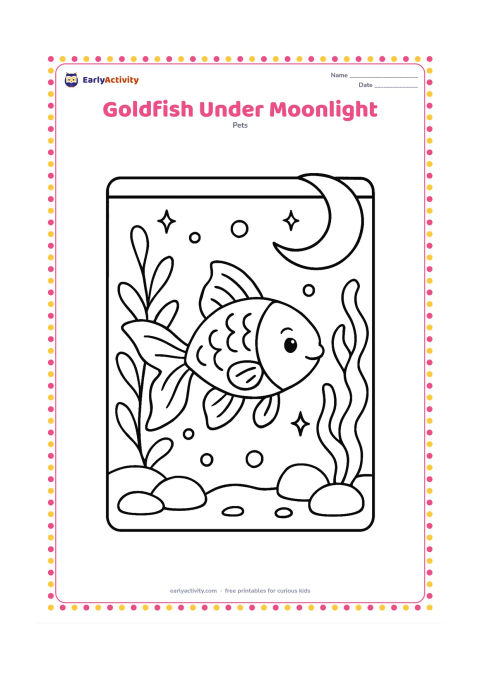 Colouring page: Draw a goldfish moving through a nighttime aquarium with a crescent moon-shaped ornament outside the tank, broad plants, bubbles and smooth stones. Add simple sparkle shapes in the water…