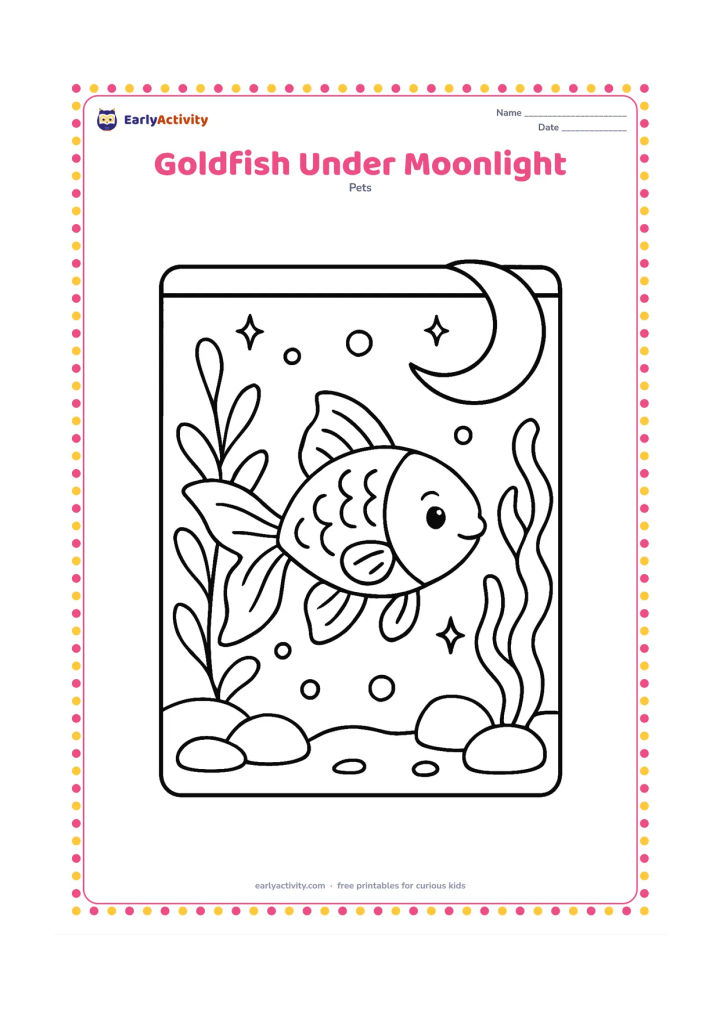 Colouring page: Draw a goldfish moving through a nighttime aquarium with a crescent moon-shaped ornament outside the tank, broad plants, bubbles and smooth stones. Add simple sparkle shapes in the water…