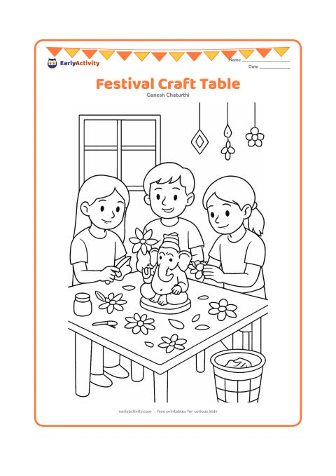 Colouring page: Children make paper flowers and decorate a small clay Ganesha idol at a classroom or community craft table. Show scissors, glue pots, flower shapes, a waste-paper basket, a window and a…