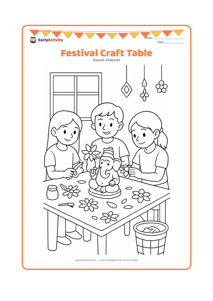 Colouring page: Children make paper flowers and decorate a small clay Ganesha idol at a classroom or community craft table. Show scissors, glue pots, flower shapes, a waste-paper basket, a window and a…
