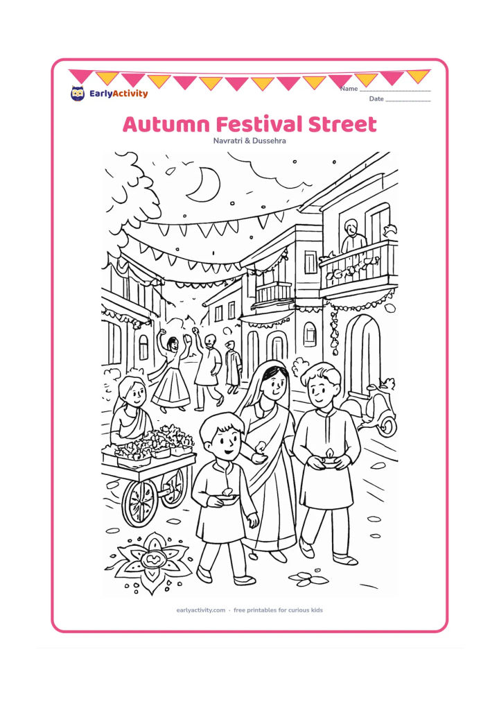 Colouring page: Draw a decorated Indian neighbourhood street during an autumn Navratri evening, with families walking toward garba, children carrying lamps, flower sellers, balconies, scooters, and…