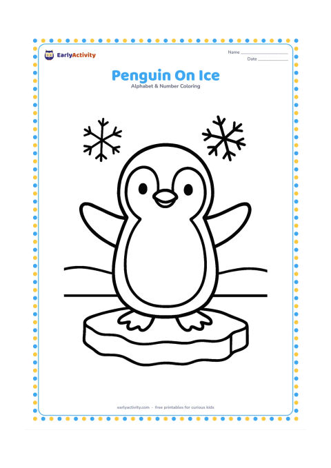 Colouring page: Draw one upright penguin standing on a small ice floe, with two simple snowflakes and a low snowy horizon. Give the penguin open flippers and a friendly face.