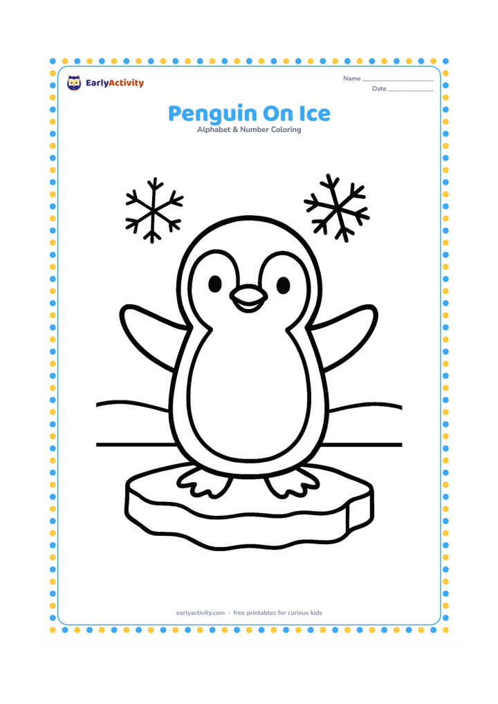 Colouring page: Draw one upright penguin standing on a small ice floe, with two simple snowflakes and a low snowy horizon. Give the penguin open flippers and a friendly face.