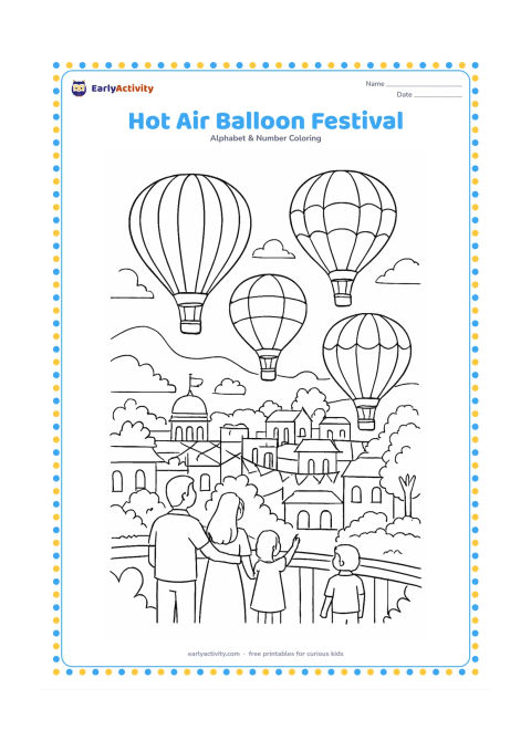 Colouring page: Several hot air balloons rise over a festive Indian town with rooftops, trees, distant hills, and families watching from a park. Keep every balloon panel, building, and banner completely…