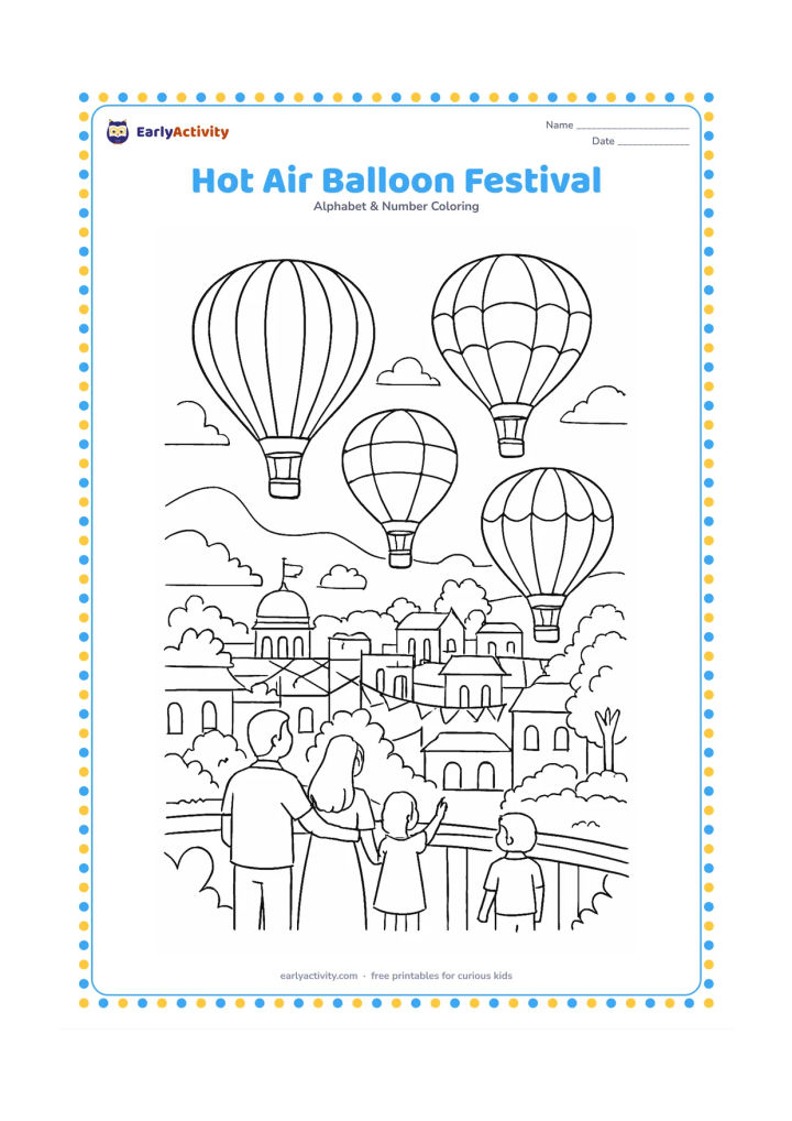 Colouring page: Several hot air balloons rise over a festive Indian town with rooftops, trees, distant hills, and families watching from a park. Keep every balloon panel, building, and banner completely…
