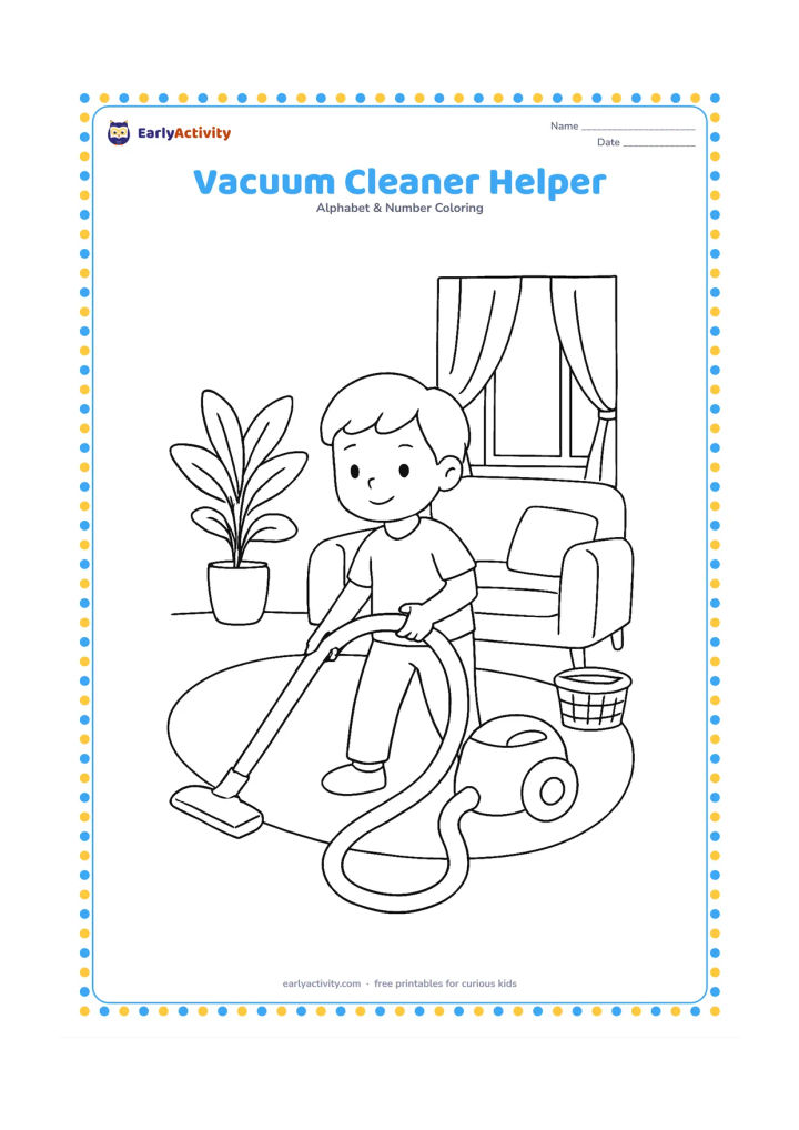 Colouring page: Draw a child using a vacuum cleaner on a living-room rug, with the long hose curving across the floor. Add a sofa, a potted plant, a basket, and a window with curtains.