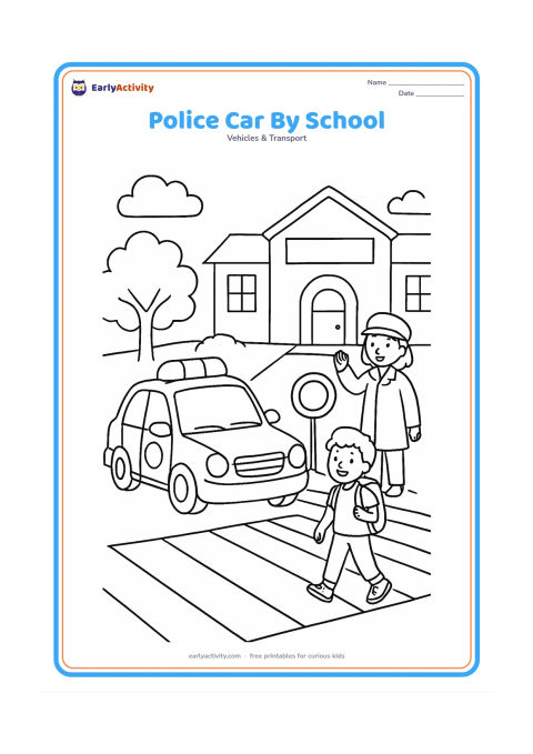 Colouring page: Draw a police car helping children near a school entrance, shown from the front three-quarter view with a roof light and clear wheels. Add two children with backpacks, a crossing guard…
