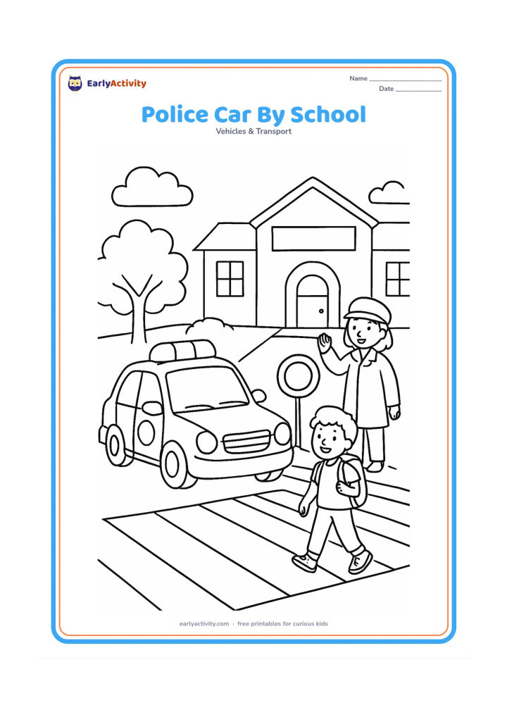 Colouring page: Draw a police car helping children near a school entrance, shown from the front three-quarter view with a roof light and clear wheels. Add two children with backpacks, a crossing guard…