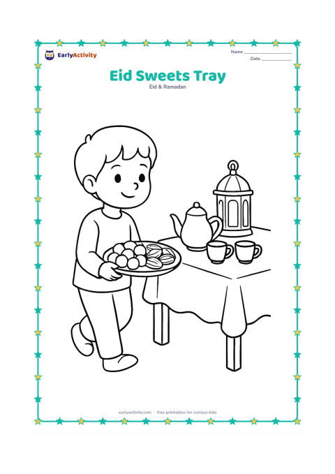 Colouring page: A child carries a tray of round sweets and date fruits toward a family table. Include a teapot, cups, a lantern, and a simple cloth-covered table.