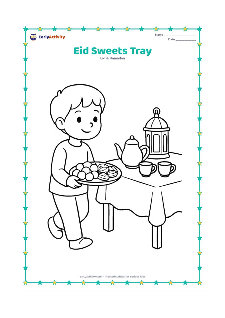 Colouring page: A child carries a tray of round sweets and date fruits toward a family table. Include a teapot, cups, a lantern, and a simple cloth-covered table.