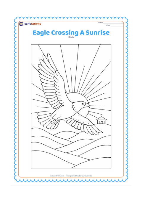 Colouring page: Draw an eagle flying across a sunrise with wings angled upward, layered hills below and a small temple-like rural building far in the background without signs or lettering. Add several…