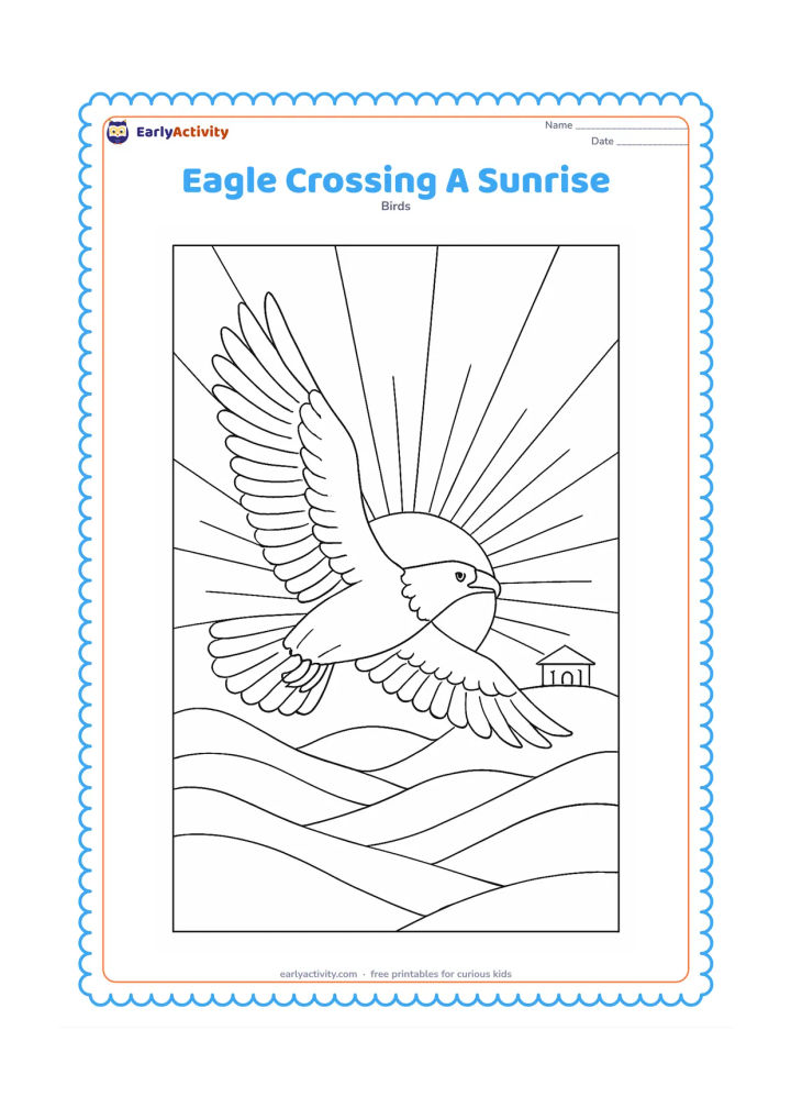 Colouring page: Draw an eagle flying across a sunrise with wings angled upward, layered hills below and a small temple-like rural building far in the background without signs or lettering. Add several…