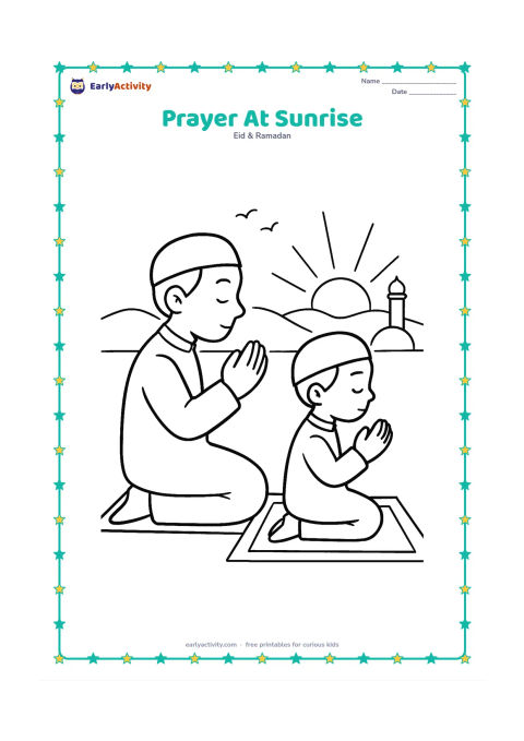 Colouring page: A parent and child pray on separate mats in an open area at sunrise, with low hills, a mosque dome and a few birds in the distance. Show them in side view with respectful postures.