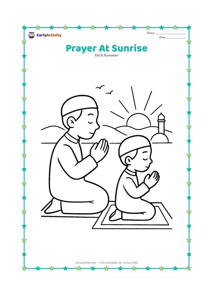 Colouring page: A parent and child pray on separate mats in an open area at sunrise, with low hills, a mosque dome and a few birds in the distance. Show them in side view with respectful postures.