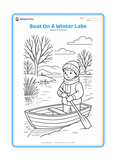 Colouring page: Draw a small rowboat pulled up beside a quiet winter lake, with bare trees, reeds, a bundled child holding an oar, and gentle reflections. Add distant hills and a low cloudy sky.