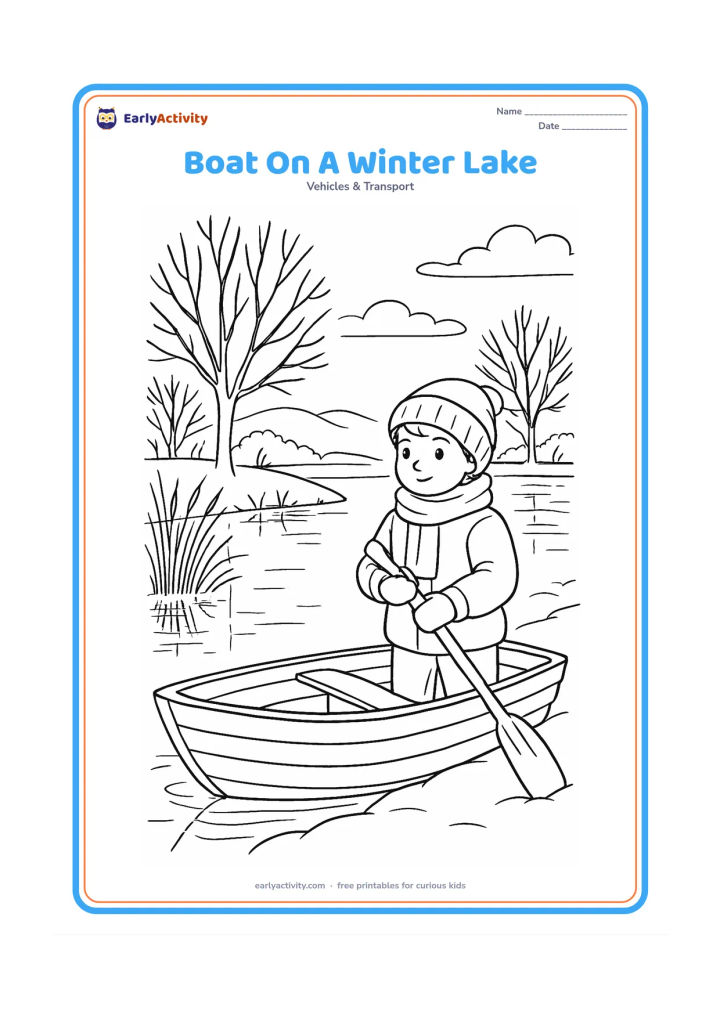 Colouring page: Draw a small rowboat pulled up beside a quiet winter lake, with bare trees, reeds, a bundled child holding an oar, and gentle reflections. Add distant hills and a low cloudy sky.