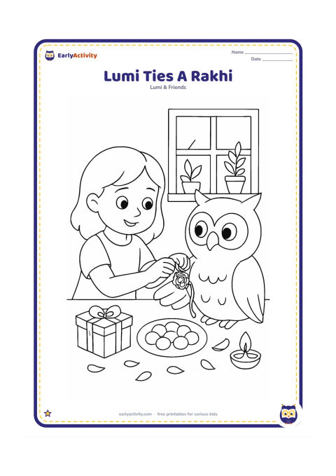 Colouring page: Lumi ties a decorative rakhi around a friend owl's wing while both sit at a home table. Show a gift box, a sweets plate, flower petals, a small lamp and a window with plants.