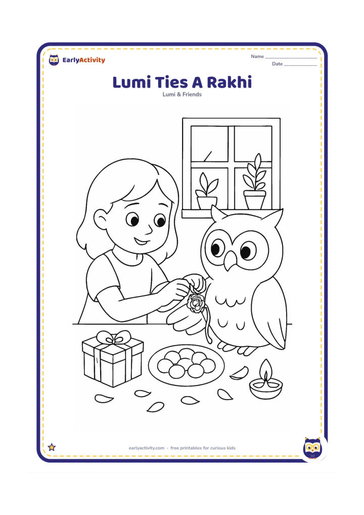 Colouring page: Lumi ties a decorative rakhi around a friend owl's wing while both sit at a home table. Show a gift box, a sweets plate, flower petals, a small lamp and a window with plants.