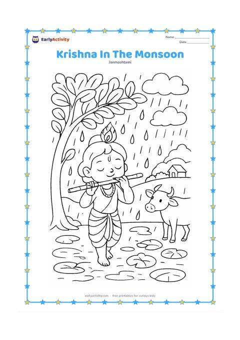 Colouring page: Draw Krishna playing the flute beneath a leafy tree during a gentle monsoon shower, with puddles, lotus leaves, a cow shelter and a small village house in the distance. Include soft…