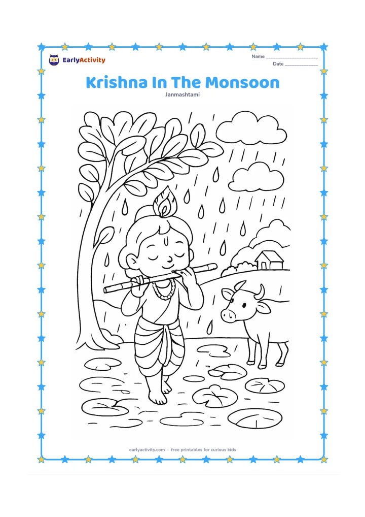 Colouring page: Draw Krishna playing the flute beneath a leafy tree during a gentle monsoon shower, with puddles, lotus leaves, a cow shelter and a small village house in the distance. Include soft…
