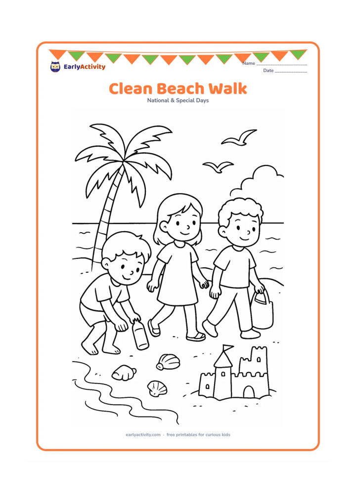 Colouring page: Draw three children walking along a clean beach while one picks up a bottle and another holds a reusable bag. Include shells, waves, a sandcastle, seabirds and a coconut palm.