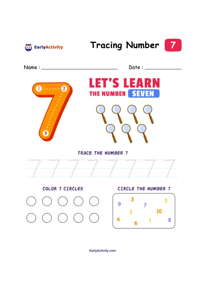 Worksheet with a large number 7, tracing lines, seven small pictures, circles to colour, and a number grid.