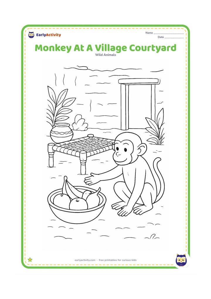 Colouring page: Draw one monkey sitting near a woven charpai in an Indian village courtyard, reaching toward a bowl of fruit. Include a mud-plastered wall, a clay pot, a doorway without markings and…