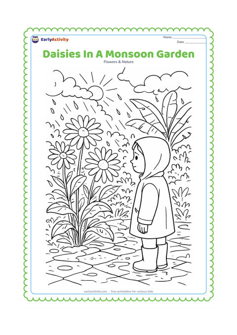 Colouring page: Draw daisies in an Indian garden after monsoon rain, with wet leaves, puddles, a stone path, banana leaves in the distance and clouds opening to sunlight. Include a child in simple rain…
