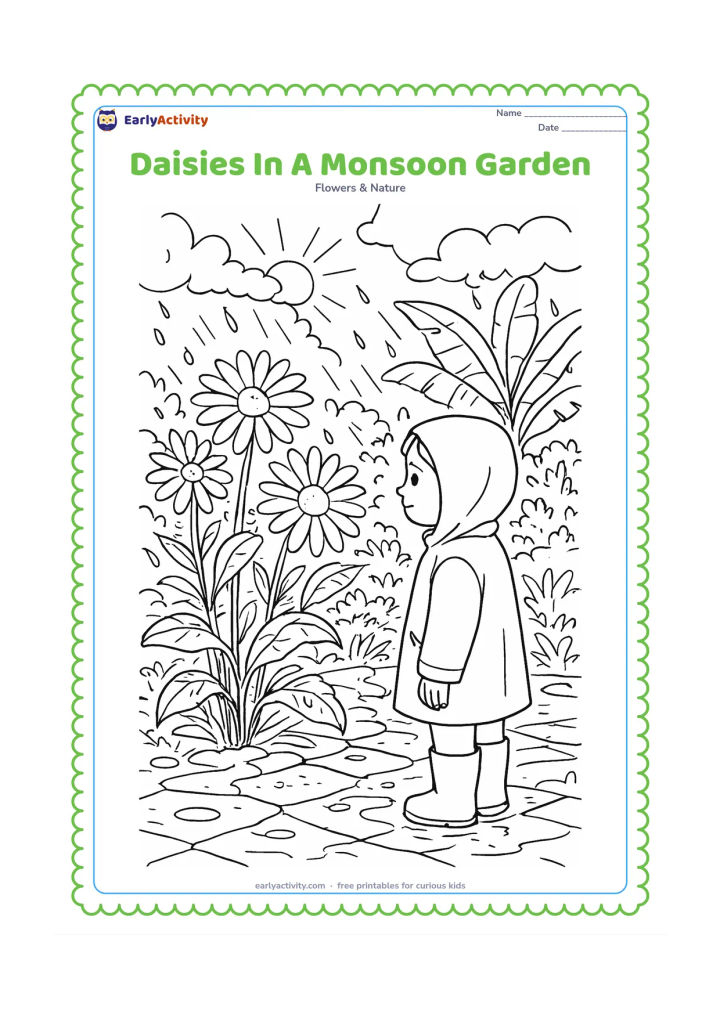 Colouring page: Draw daisies in an Indian garden after monsoon rain, with wet leaves, puddles, a stone path, banana leaves in the distance and clouds opening to sunlight. Include a child in simple rain…