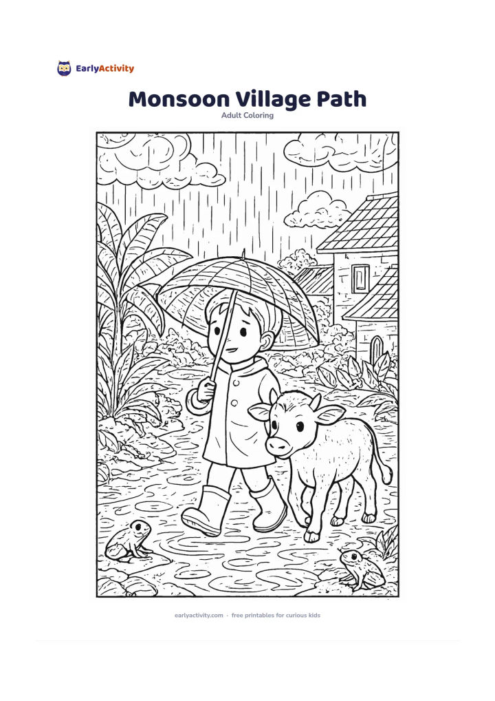Colouring page: Show a child walking along a rainy village path with a round umbrella, accompanied by a friendly calf, while frogs, banana plants, puddles, tiled homes, and distant clouds fill the…