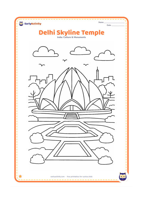 Colouring page: Show the Lotus Temple in the foreground with its pools and gardens, while a simple New Delhi skyline of low buildings and a distant tall tower appears behind it. Add soft clouds and a…