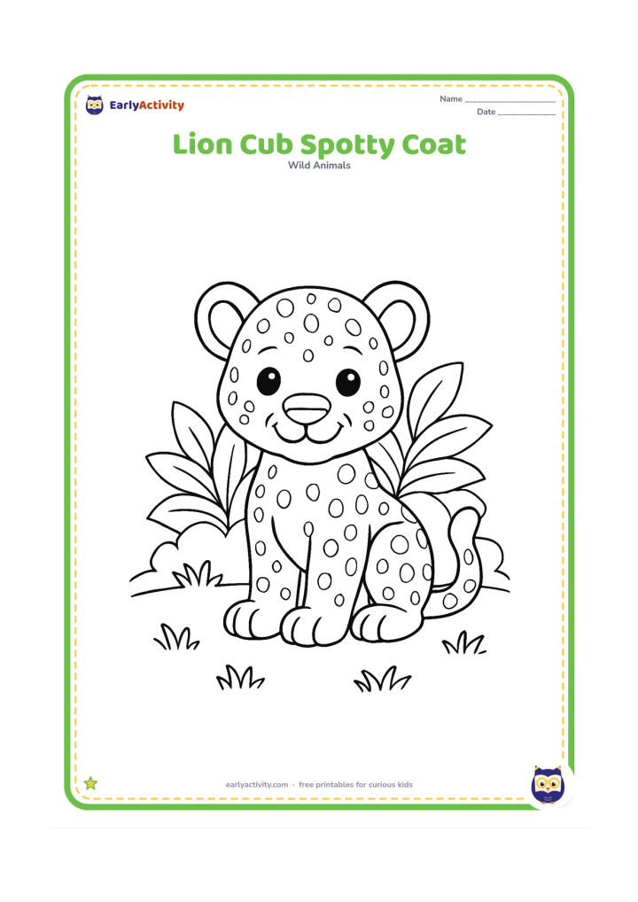 Colouring page: A young lion cub sits facing the viewer so its small coat spots are clearly visible, with a leafy bush and short grass behind it. Give the cub a gentle smile and rounded paws.