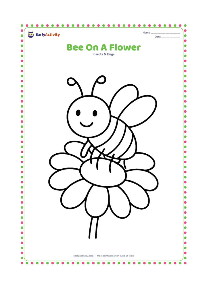 Colouring page: A friendly bee with six visible legs, two wings and two antennae rests on a large daisy while collecting nectar. Use one oversized flower and plenty of open space around the bee.