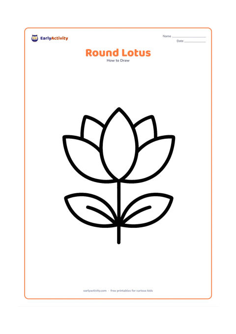 Worksheet: A simple lotus with three large front petals, two side petals and a low curved base, resting above a straight stem and two wide leaves. Leave the background blank.