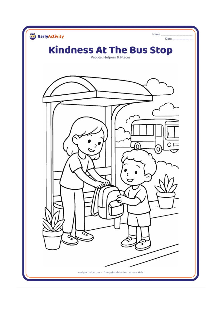 Colouring page: An older child helps a younger friend lift a small backpack onto a seat at an Indian bus stop. Include a shelter roof, a bench, potted plants, and a distant bus with blank panels and no…