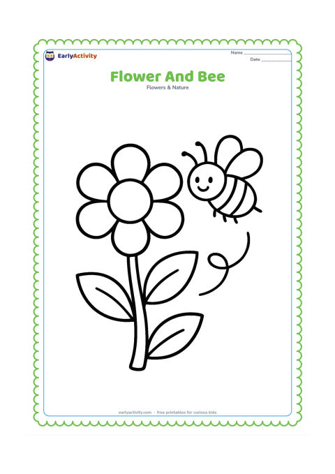 Colouring page: Draw one large open flower with a thick stem and leaves, while a friendly simple bee flies beside the petals. Use a few curved motion lines without any symbols or writing.