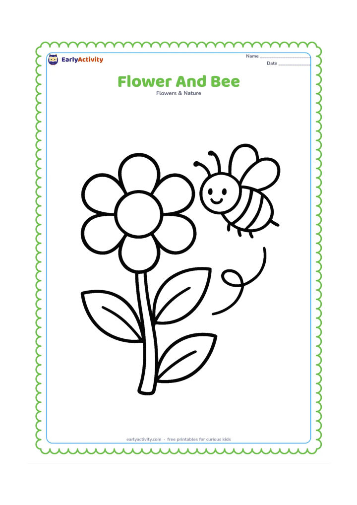 Colouring page: Draw one large open flower with a thick stem and leaves, while a friendly simple bee flies beside the petals. Use a few curved motion lines without any symbols or writing.